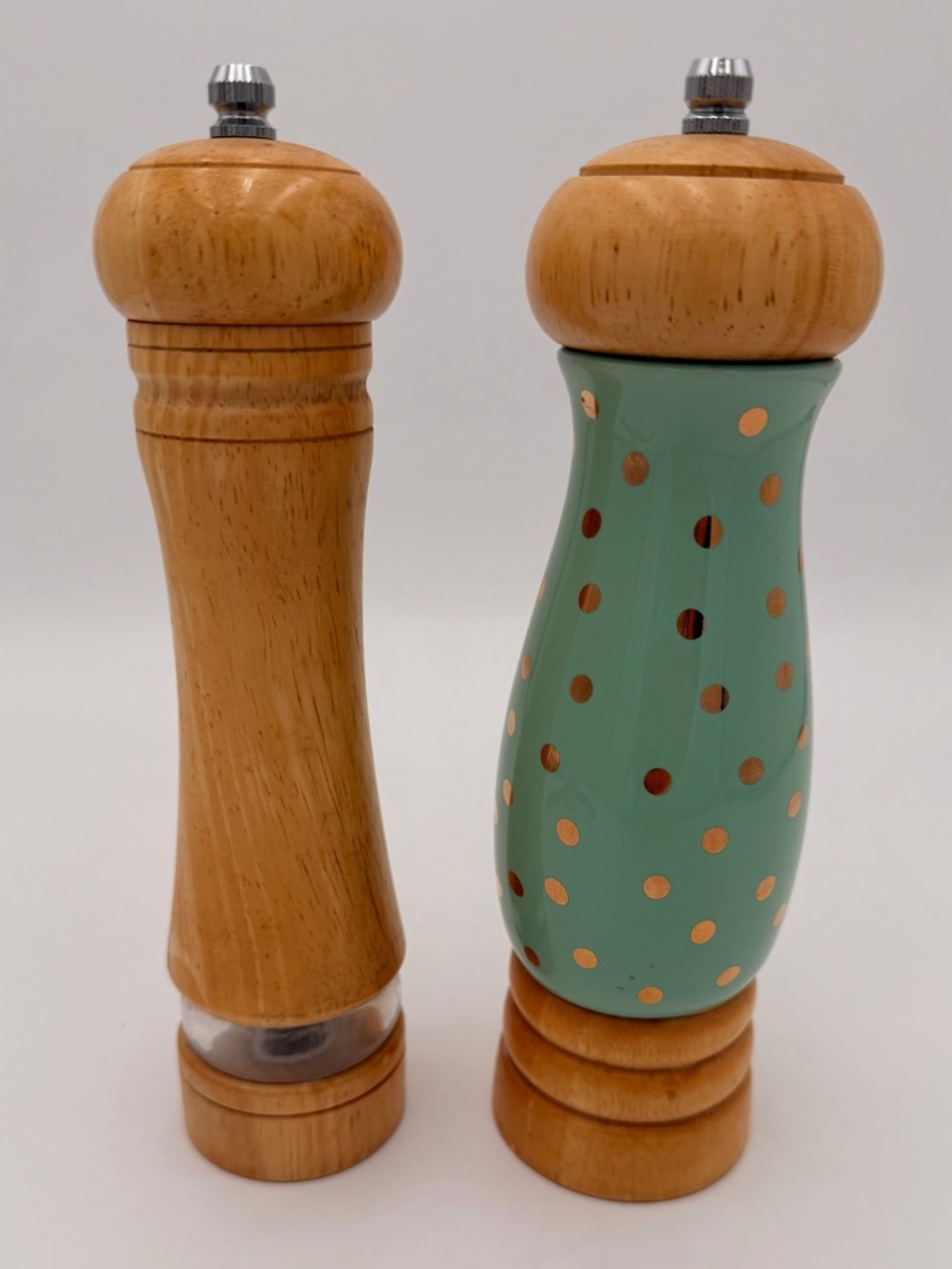 Salt and Pepper Mill Set with Mint / Gold Polka Dots and Natural Wood Finish